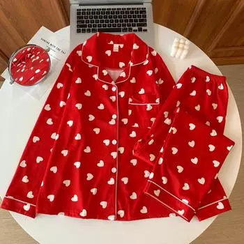 Весенне-осенняя женская пижама с лацканами, комплект домашней одежды для девочек, кардиган с длинными рукавами, длинные брюки, домашняя пижама с рисунком M красный