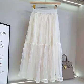 Весенне-осенняя женская плиссированная юбка А-силуэта с высокой талией. Тонкая большая распашная юбка-фея. Сетчатая юбка средней длины. One Size чёрный