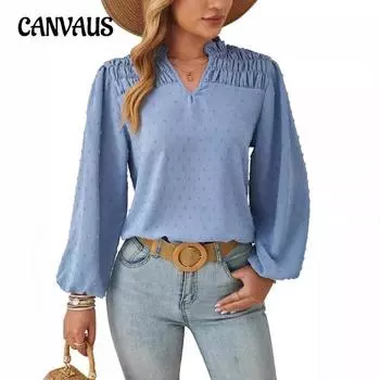 Весенне-осенняя женская плиссированная жаккардовая рубашка с длинным рукавом с v-образным вырезом S белый