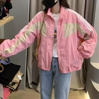 Весенне-осенняя женская повседневная куртка с контрастными цветами, длинными рукавами, завязками на лацканах и защитой от солнца M розовый