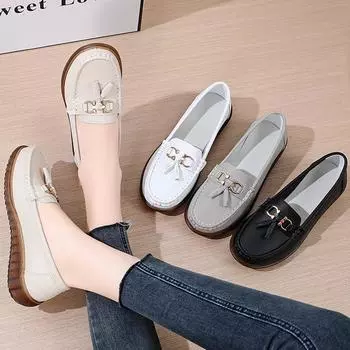 Весенне-осенняя женская повседневная обувь из металлической кожи с мягкой лапшой и мягкой подошвой, женская кожаная обувь 35 белый