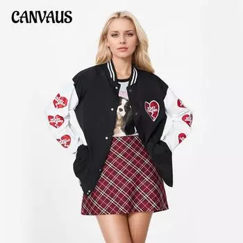 Весенне-осенняя женская повседневная однобортная бейсбольная одежда с ярким принтом и принтом «любовь», куртка с длинным рукавом S красный/чёрный