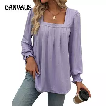 Весенне-осенняя женская повседневная плиссированная кофта с длинными рукавами и квадратным вырезом S светло-фиолетовый