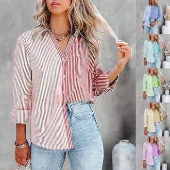 Весенне-осенняя женская повседневная рубашка с контрастным принтом в полоску и длинными рукавами с лацканами S хаки