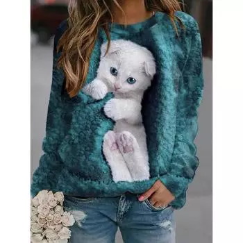 Весенне-осенняя женская повседневная толстовка с капюшоном с 3D-принтом и милым котом, свободная, с длинным рукавом и круглым вырезом, модная, маленькая, свежая, в стиле Харадзюку, женская верхняя одежда S