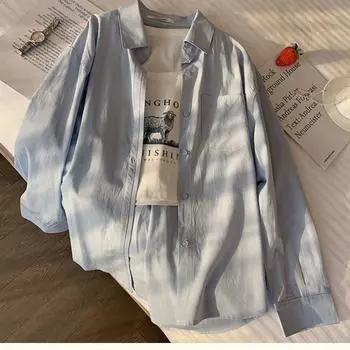 Весенне-осенняя женская повседневная тонкая однотонная рубашка с длинными рукавами XXL синий