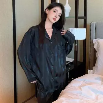 Весенне-осенняя женская японская полосатая пижама, домашний костюм, женская пижама с длинными рукавами для пары, корейская пижама, домашний костюм M(40-50kg) чёрный