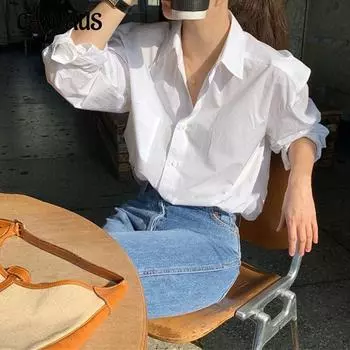 Весенне-осенняя женская рубашка, белая футболка, свежая милая блузка, топ с воротником-поло с длинными рукавами S белый