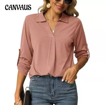 Весенне-осенняя женская рубашка, блузка, эластичная рубашка, топ с v-образным вырезом и длинными рукавами S серо голубой