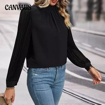 Весенне-осенняя женская рубашка-блузка, однотонная, удобный повседневный пуловер, пригородная рубашка с длинными рукавами S чёрный