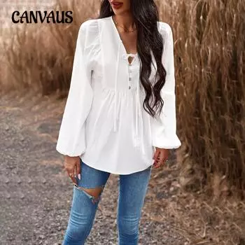 Весенне-осенняя женская рубашка, блузка, темперамент, однотонный топ с v-образным вырезом и длинными рукавами S белый