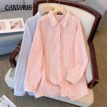 Весенне-осенняя женская рубашка больших размеров, рубашка с длинным рукавом, воротник-поло, персонализированная блузка в радужную полоску, куртка 2XL розовый