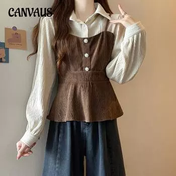 Весенне-осенняя женская рубашка больших размеров, темпераментная плиссированная рубашка, топ с длинными рукавами и талией L чёрный