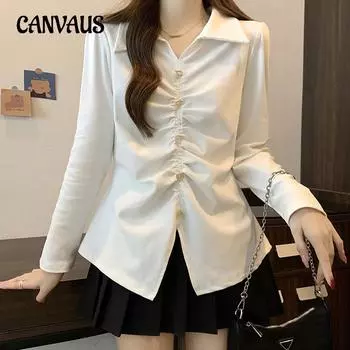 Весенне-осенняя женская рубашка больших размеров, однотонная дизайнерская рубашка с лацканами, плиссированный топ с длинными рукавами L чёрный