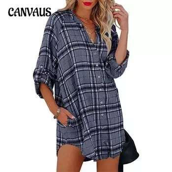 Весенне-осенняя женская рубашка больших размеров, топ с длинным рукавом и v-образным вырезом в клетку с принтом S чёрный