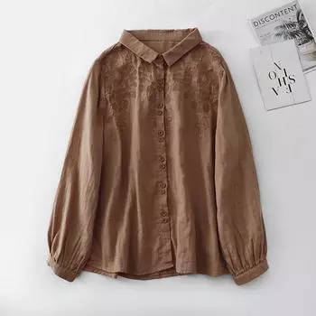 Весенне-осенняя женская рубашка больших размеров из хлопка и льна с вышивкой в стиле ретро, свободная темпераментная возрастная блузка, топы M хаки