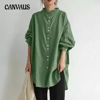 Весенне-осенняя женская рубашка больших размеров, винтажная рубашка со стоячим воротником, однорядная пуговица с длинным рукавом, повседневная свободная однотонная хлопково-льняная рубашка