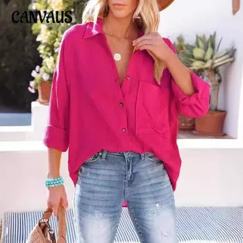 Весенне-осенняя женская рубашка больших размеров, модный топ с длинными рукавами и карманами ярких цветов S жёлтый