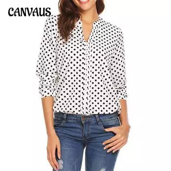 Весенне-осенняя женская рубашка больших размеров с принтом в горошек, V-образным вырезом, длинным рукавом, свободная блузка с застежкой-молнией S белый