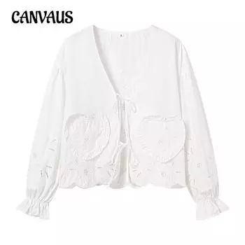 Весенне-осенняя женская рубашка больших размеров с вышивкой и галстуком, топ с длинными рукавами S белый