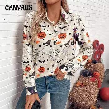 Весенне-осенняя женская рубашка больших размеров с принтом Хэллоуина и длинными рукавами S