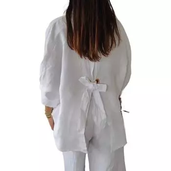 Весенне-осенняя женская рубашка, хлопково-льняная блузка, однотонные дизайнерские рубашки с лацканами и пуговицами сзади на шнуровке S белый