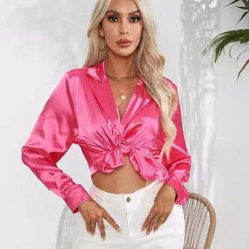 Весенне-осенняя женская рубашка, костюмный воротник, сатиновая рубашка, однотонная, темпераментная, элегантная блузка с длинными рукавами, топы с длинными рукавами S белый