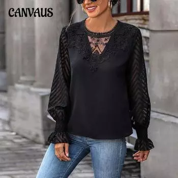Весенне-осенняя женская рубашка, кружевной топ с длинными рукавами, прозрачный пуловер, рубашка S чёрный