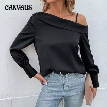 Весенне-осенняя женская рубашка, модная нерегулярная черная рубашка без бретелек с длинным рукавом, топ S чёрный