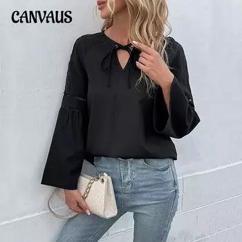 Весенне-осенняя женская рубашка, модная однотонная кружевная рубашка с длинным рукавом, топ S чёрный