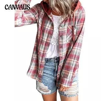 Весенне-осенняя женская рубашка, модная повседневная рубашка в клетку с капюшоном и цветными блоками S красный