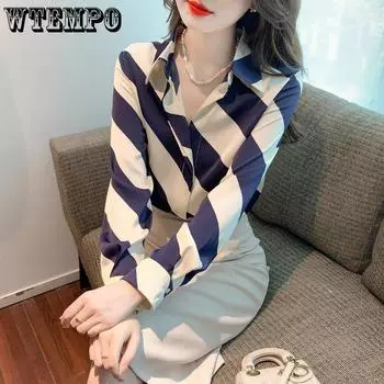 Весенне-осенняя женская рубашка Модная шифоновая рубашка Модная рубашка с длинным рукавом Литература и искусство Свежий дизайн Рубашка с длинным рукавом S синий