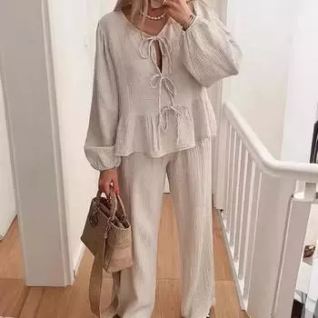 Весенне-осенняя женская рубашка, модный повседневный костюм с рукавами-фонариками и завязками S серый