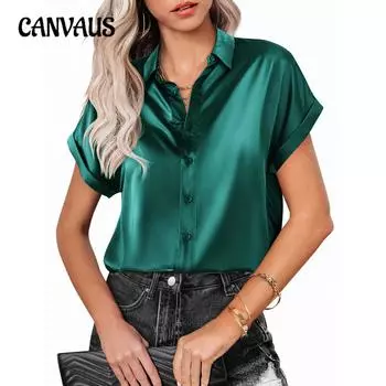 Весенне-осенняя женская рубашка, однотонная атласная блузка с коротким рукавом, рубашка на пуговицах и плечах S синий