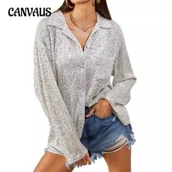 Весенне-осенняя женская рубашка, однотонная модная повседневная рубашка с длинными рукавами и лацканами с блестками S чёрный