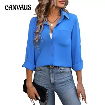 Весенне-осенняя женская рубашка, офисные топы, однотонная деловая рубашка с длинным рукавом S синий
