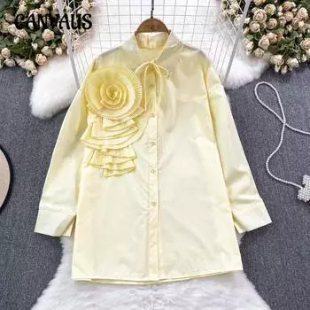 Весенне-осенняя женская рубашка-поло с цветочным принтом и длинным рукавом, свободная однобортная однотонная рубашка, повседневная одежда One size белый