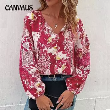 Весенне-осенняя женская рубашка, повседневная рубашка с принтом, модная рубашка с длинными рукавами с завязками и пузырьками S красный