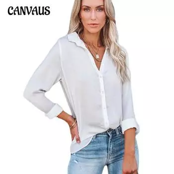 Весенне-осенняя женская рубашка, повседневная свободная блузка с длинным рукавом, рубашка с v-образным вырезом и пряжкой, топы S белый
