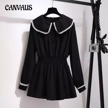 Весенне-осенняя женская рубашка с длинным рукавом, топы больших размеров, тонкая шифоновая рубашка с кукольным воротником и тенью на животе 2XL чёрный