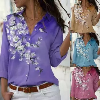 Весенне-осенняя женская рубашка с длинным рукавом с лацканами и цветочным принтом M фиолетовый