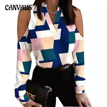 Весенне-осенняя женская рубашка с длинным рукавом без бретелек с длинным рукавом с принтом Рубашка-блузка