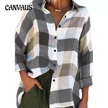 Весенне-осенняя женская рубашка с длинным рукавом и принтом, свободная клетчатая рубашка