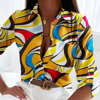 Весенне-осенняя женская рубашка с длинным рукавом и цветочным принтом S