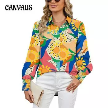 Весенне-осенняя женская рубашка с лацканами, свободный топ с длинными рукавами и принтом S красный/зелёный