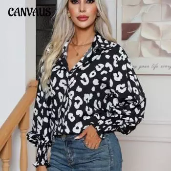 Весенне-осенняя женская рубашка с леопардовым принтом и рукавами-фонариками, блузка с длинными рукавами S чёрный