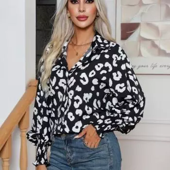 Весенне-осенняя женская рубашка с леопардовым принтом и рукавами-фонариками, блузка с длинными рукавами S чёрный