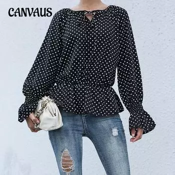 Весенне-осенняя женская рубашка с модным галстуком, черная рубашка в горошек с длинным рукавом, топ S чёрный