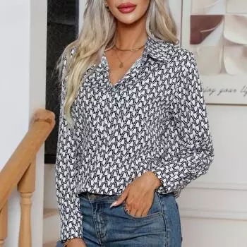 Весенне-осенняя женская рубашка с модным геометрическим принтом и длинными рукавами S белый