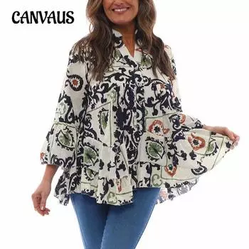 Весенне-осенняя женская рубашка с принтом и воротником-стойкой, свободная повседневная модная рубашка больших размеров, топ